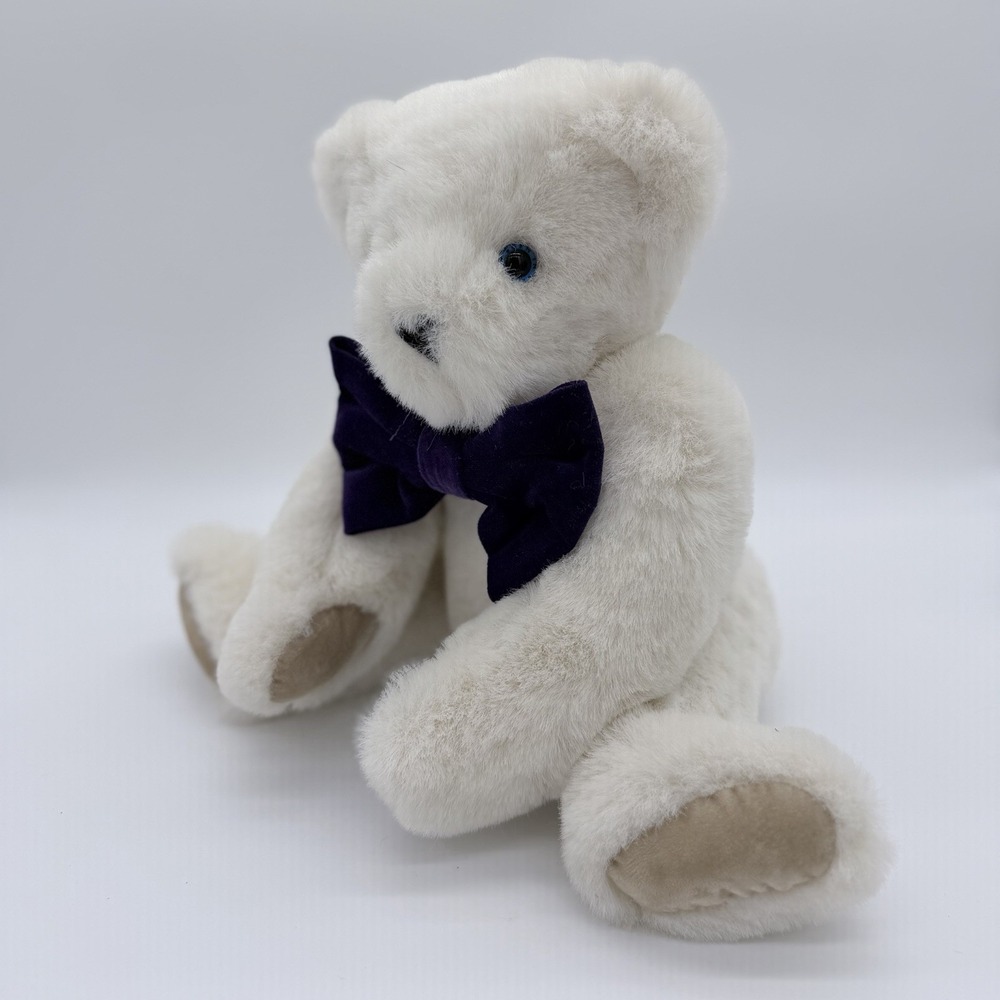 Vermont Teddy Bear Plush White Handmade 15 in Brown Eyes Dark Purple Bow Tie